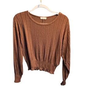 Jolie & Joy Women's Brown Ribbed Smocked Waist Long Sleeve Crop Top Medium